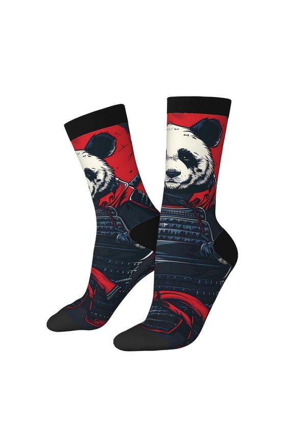 Red Black Eastern Panda Warrior Print Contrast Color Mid-calf Socks, Sweat-wicking Athletic Socks, Unisex Clothing Accessories