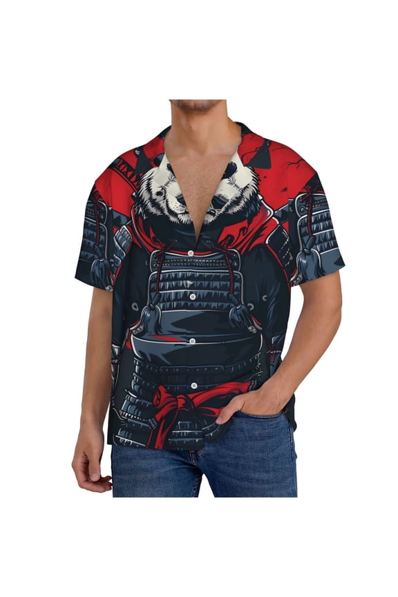 Red Black Eastern Panda Warrior Print Men's Short-sleeved Shirts, Button-down Pocket Shirts, T-shirts, Beach Vacation Travel Summer Clothing-Large
