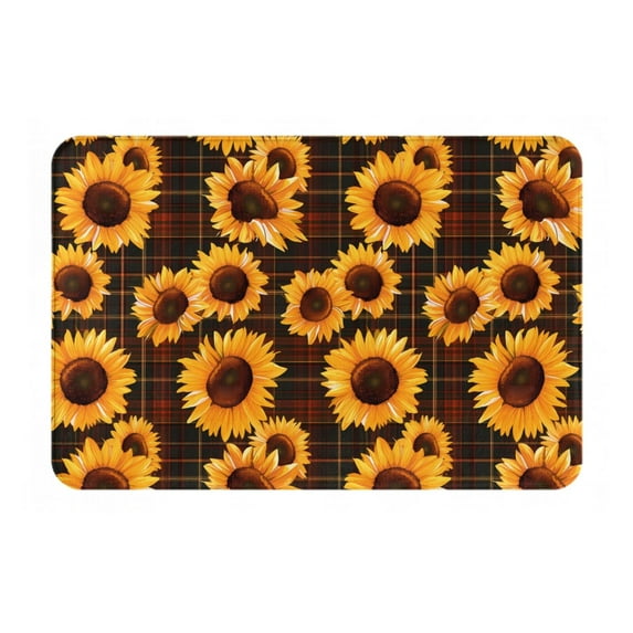 Gukieu Red Black Plaid Sunflower Print Dust-proof Floor Mats, Water-absorbent and Non-slip Flannel Door Mats 16x24in, Home Decoration Suitable for Kitchen, Bathroom, Garage