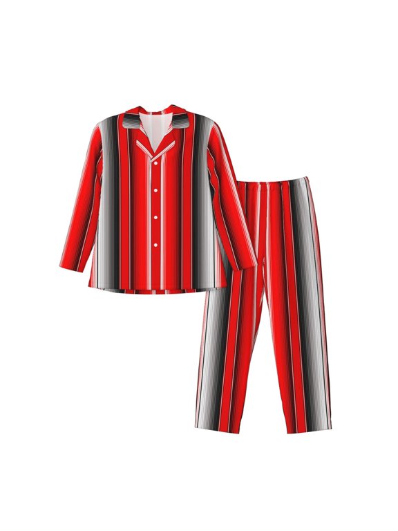 Red Black and White Serape Blanket Stripes Print Men's Long-sleeved Pajamas Set, Elastic Waist Pajamas Button-down Pajamas Two-piece Set, Suitable for Adult Male Home Wear-Large