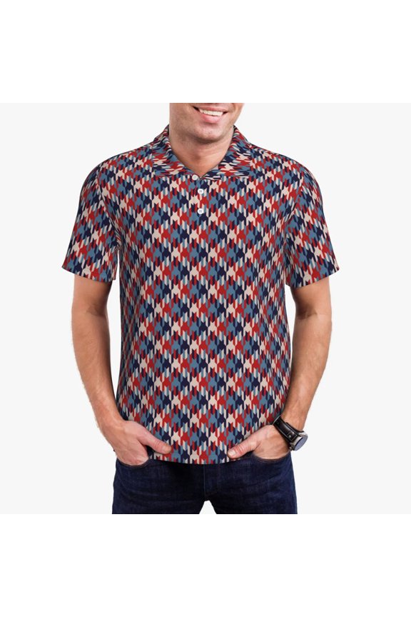 Red Blue Checked Print Men's Quick-drying POLO Shirt, Button-down Summer T-shirt, Suitable for Work and Outdoor Activities-Large
