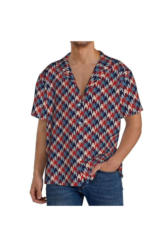 Red Blue Checked Print Men's Short-sleeved Shirts, Button-down Pocket Shirts, T-shirts, Beach Vacation Travel Summer Clothing-Small