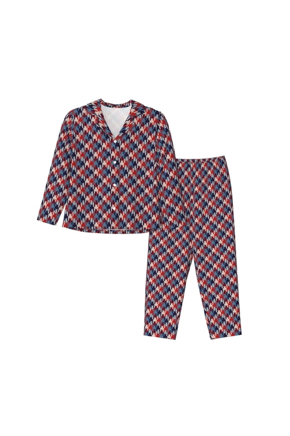 Red Blue Checked Print Women's Long Sleeve Pajama Set, Button Top Elastic Pocket Pajama Pants Two Piece Set Home Wear-Small