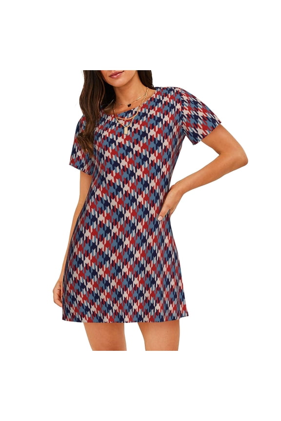 Red Blue Checked Print Women's Nightgown, A-line Round Neck Short-sleeved Nightgown Pajamas Home Wear Suitable for Home and Outing