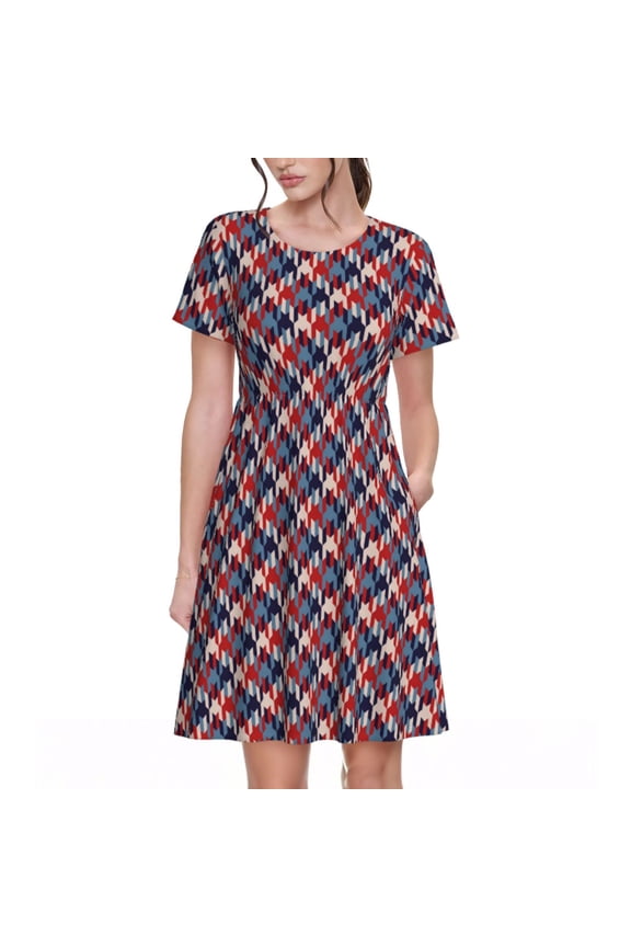 Red Blue Checked Print Women's Short Sleeve Dress, Elastic Waistband A-line with Pockets Summer Dress, Suitable for Daily Leisure, Work, Vacation