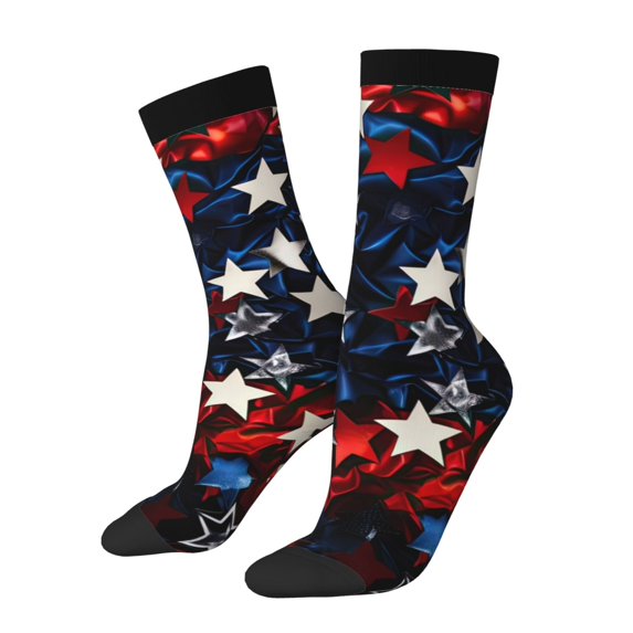 Gukieu Red Blue White Stars Print Contrast Color Mid-calf Socks, Sweat-wicking Athletic Socks, Unisex Clothing Accessories