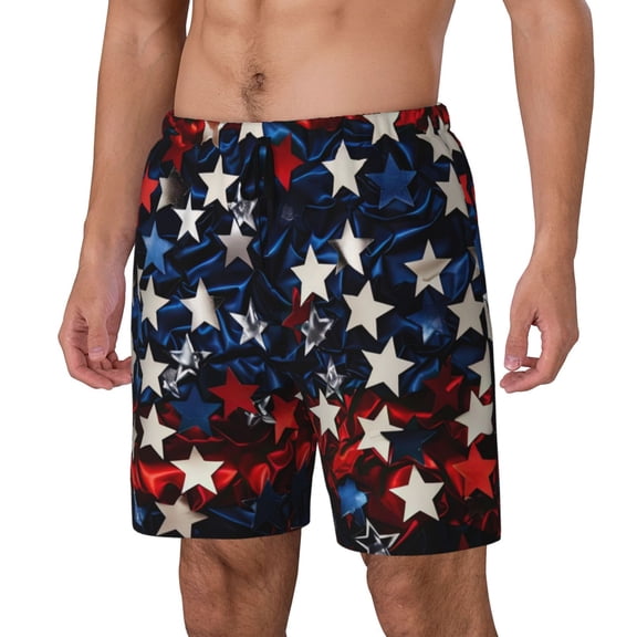 Gukieu Red Blue White Stars Print Men's Double Layer Sports Swim Trunks, Quick Dry Adjustable Waist Swim Shorts Swimwear-Medium