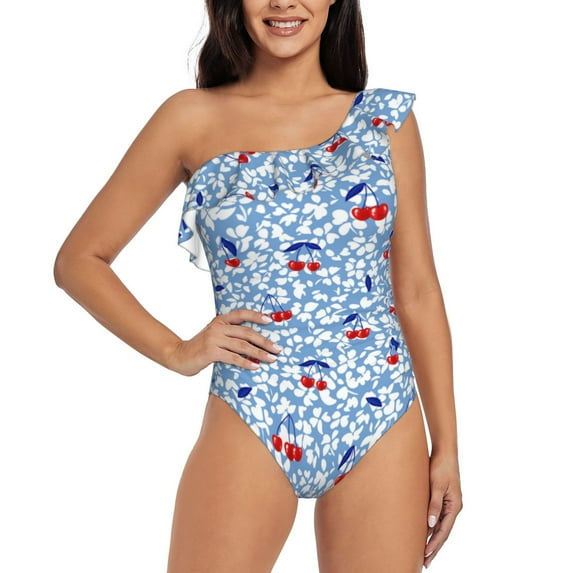 Gukieu Red Cherries Print One-shoulder Ruffled One-piece Swimsuit with Removable Chest Pads and Tummy-control Swimsuit for Women-Large