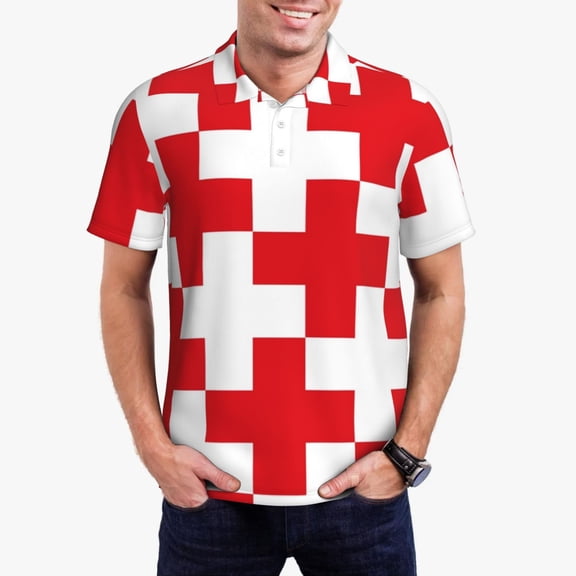Gukieu Red Cross 1 Print Men's Quick-drying POLO Shirt, Button-down Summer T-shirt, Suitable for Work and Outdoor Activities-Small