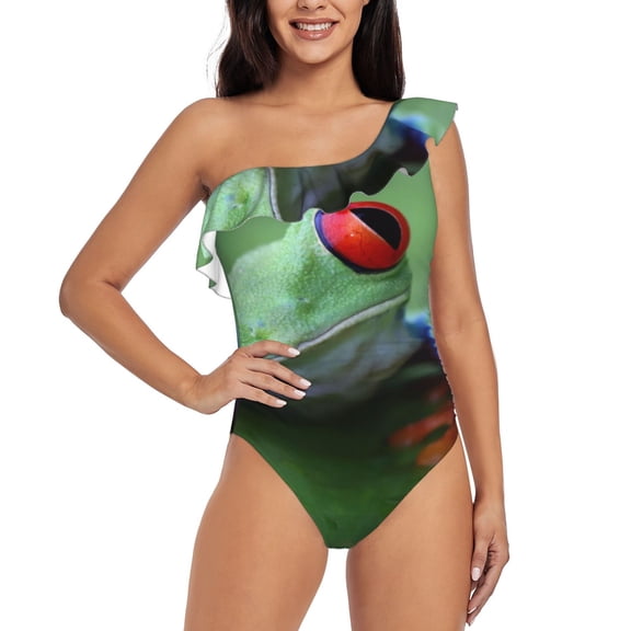 Gukieu Red-Eyed Tree Frog-1 Print One-shoulder Ruffled One-piece Swimsuit with Removable Chest Pads and Tummy-control Swimsuit for Women-
