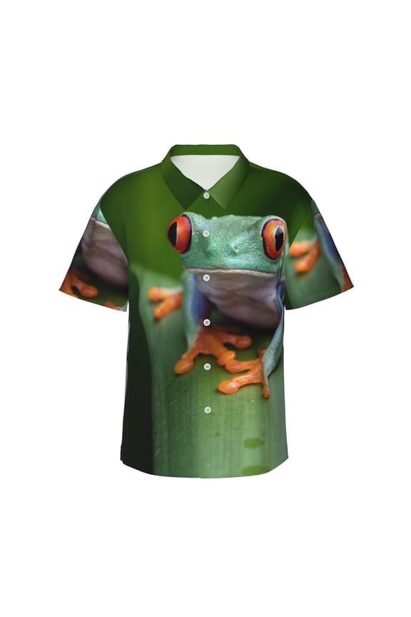 Red-Eyed Tree Frog Print Men's Short-sleeved Shirts, Button-down Lapel Hawaiian Shirts, T-shirts, Beach Vacation Summer Casual Wear,Large