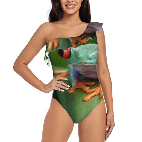 Gukieu Red-Eyed Tree Frog Print One-shoulder Ruffled One-piece Swimsuit with Removable Chest Pads and Tummy-control Swimsuit for Women-Large