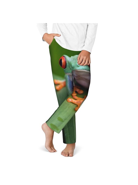 Red-Eyed Tree Frog Print Youth Home Trousers, Elastic Waistband with Pockets for Home and Outing, Suitable for Children Aged 5-16-Medium
