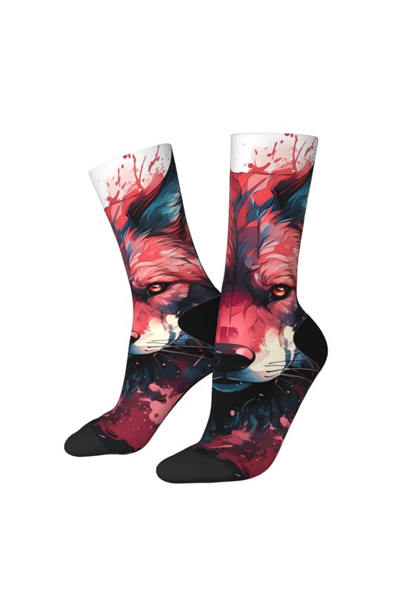 Red Flame Wolf Head Print Contrast Color Mid-calf Socks, Sweat-wicking Athletic Socks, Unisex Clothing Accessories