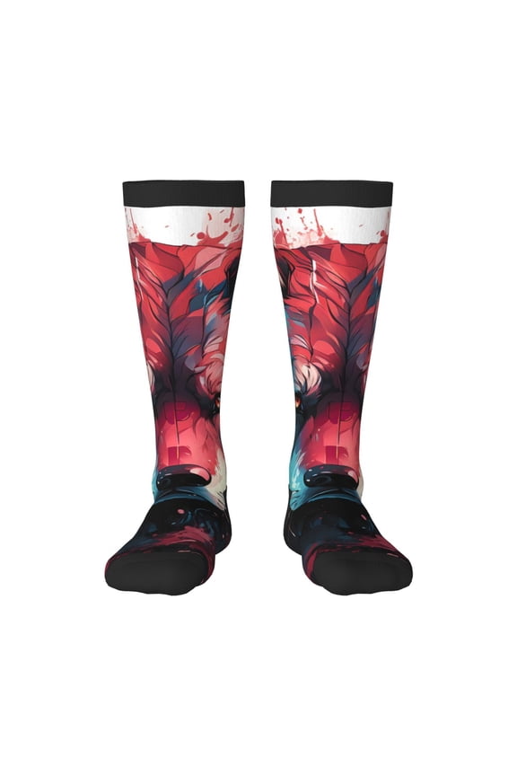 Red Flame Wolf Head Print Contrast Color Stockings, Elastic Sports Socks Warm Socks Clothing Accessories, Adult Unisex