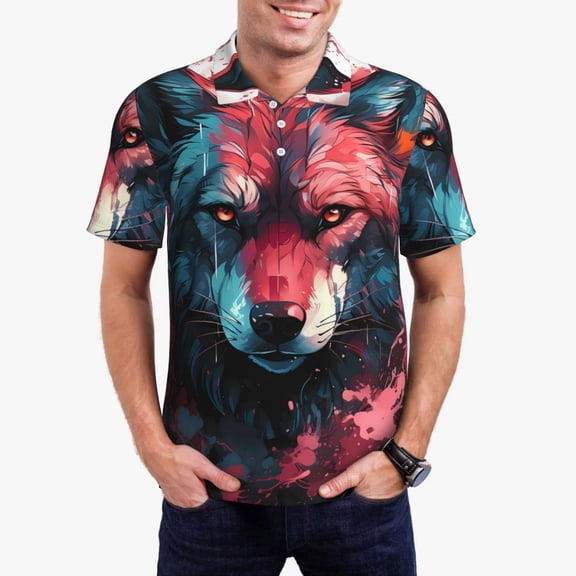 Gukieu Red Flame Wolf Head Print Men's Quick-drying POLO Shirt, Button-down Summer T-shirt, Suitable for Work and Outdoor Activities-Medium