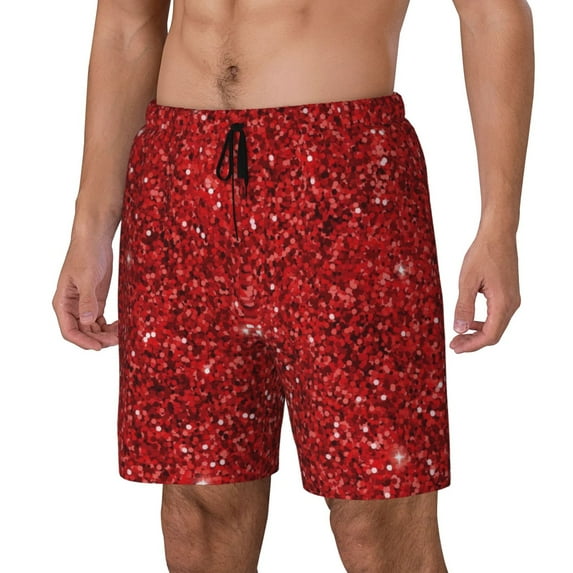 Gukieu Red Glitter Print Men's Double Layer Sports Swim Trunks, Quick Dry Adjustable Waist Swim Shorts Swimwear-3X-Large