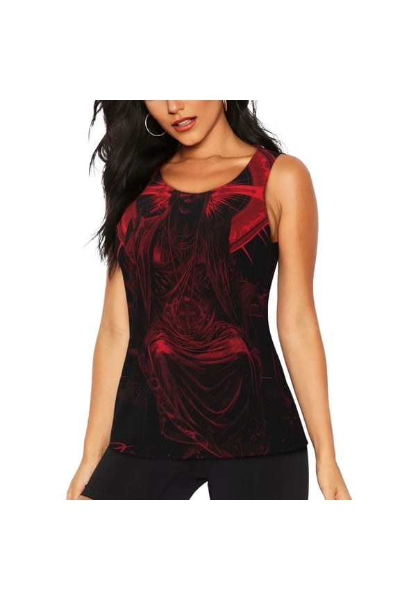 Red Gothic Skeleton Throne Print Women's Quick-drying Fitness Vest, Round Neck Sleeveless Fitness T-shirt, Suitable for Yoga, Sports-Large