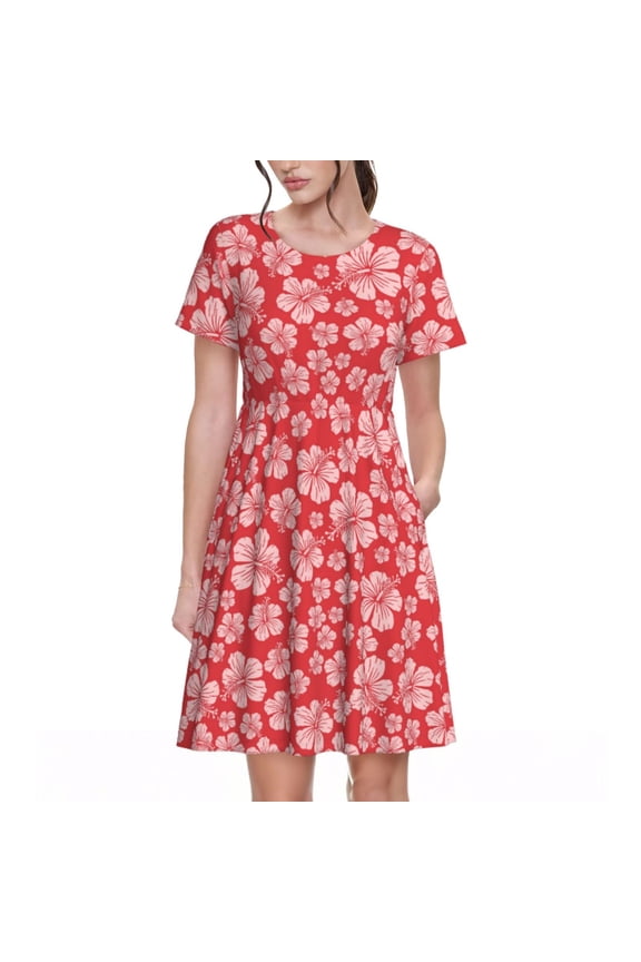 Red Hibiscus Flower Print Women's Short Sleeve Dress, Elastic Waistband A-line with Pockets Summer Dress, Suitable for Daily Leisure, Work, Vacation