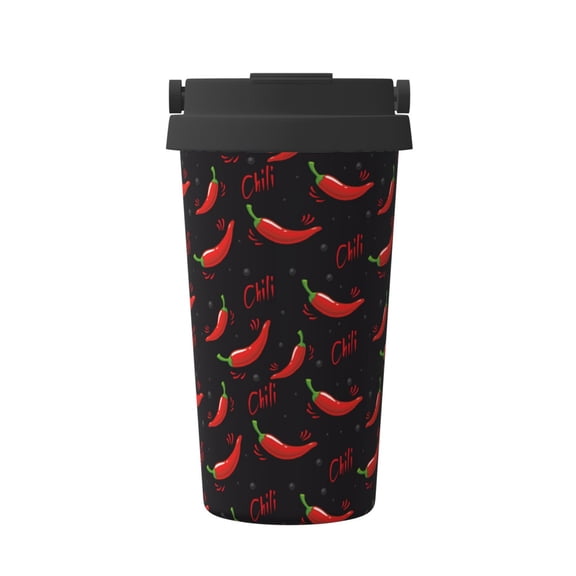 Gukieu Red Hot Chili Print Insulated Coffee Cup, Portable Stainless Steel Vacuum Cup with Lid, Unisex, Suitable for Office, Cafe, Car
