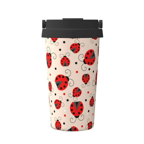 Gukieu Red Ladybug Print Insulated Coffee Cup, Portable Stainless Steel Vacuum Cup with Lid, Unisex, Suitable for Office, Cafe, Car