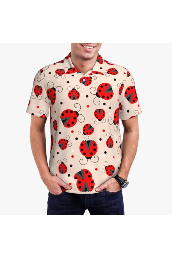 Red Ladybug Print Men's Quick-drying POLO Shirt, Button-down Summer T-shirt, Suitable for Work and Outdoor Activities-Small