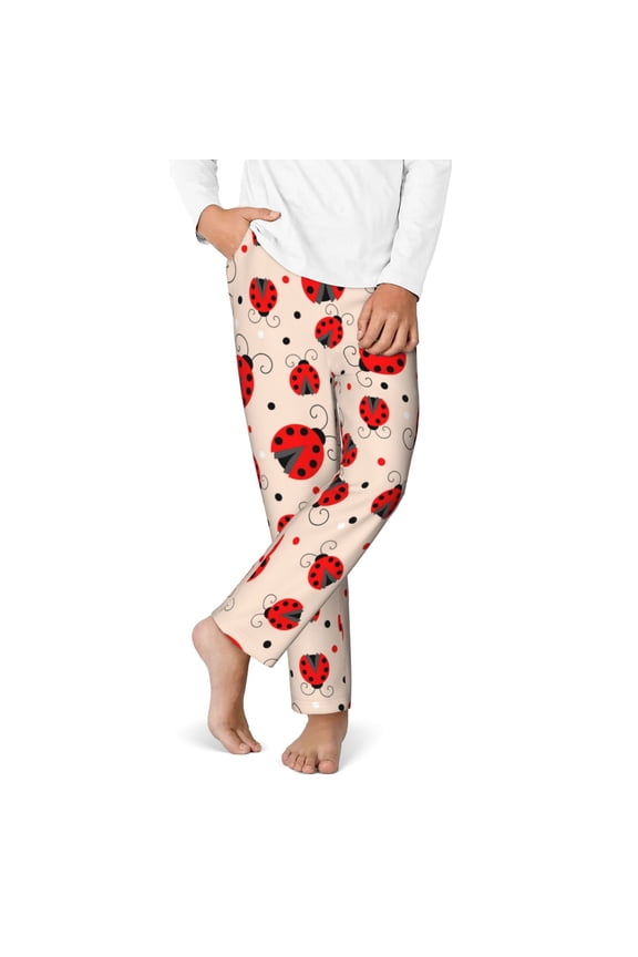 Red Ladybug Print Youth Home Trousers, Elastic Waistband with Pockets for Home and Outing, Suitable for Children Aged 5-16-Medium