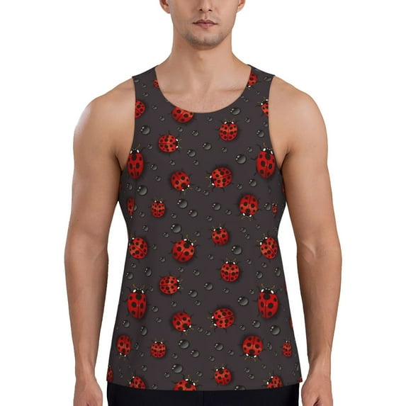 Gukieu Red Ladybugs On Dark Background Print Men's Quick Dry Fitness Vest, Round Neck Sleeveless Fitness Bodybuilding Top-3X-Large