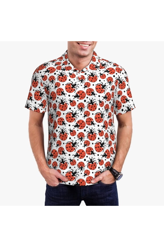 Red Ladybugs Print Men's Quick-drying POLO Shirt, Button-down Summer T-shirt, Suitable for Work and Outdoor Activities-X-Large