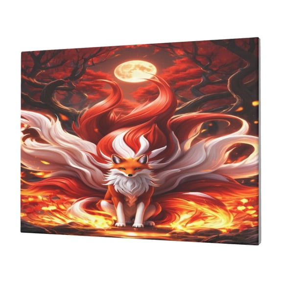 Gukieu Red Leaf Flame Fox Print Horizontal Canvas Decorative Painting 12x16 Inch Shrinkage Resistant Frame Hanging Home Wall Art Decor