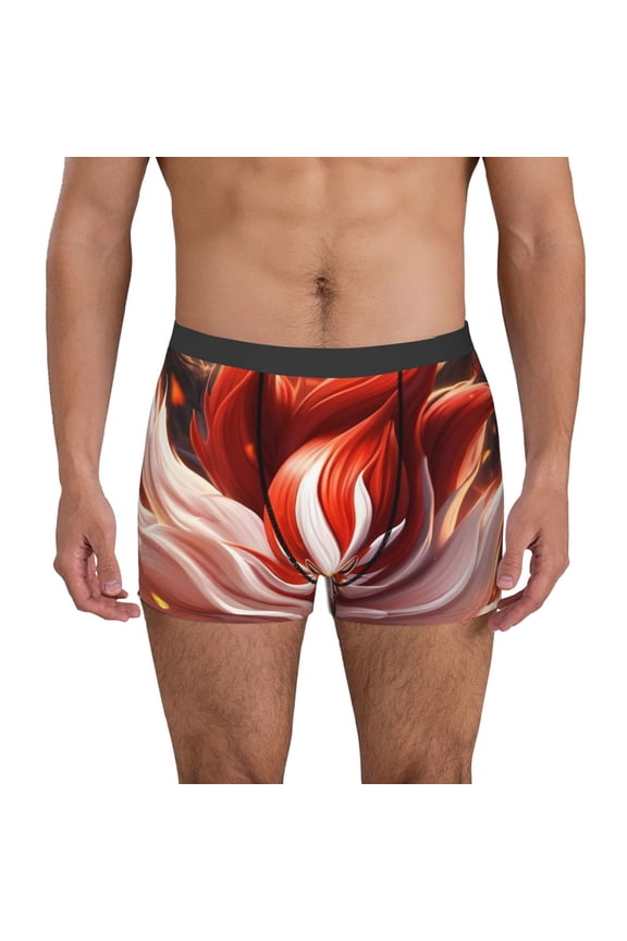 Red Leaf Flame Fox Print Men's Boxer Briefs, High Elastic Moisture Wicking Boxer Briefs Underwear-Large