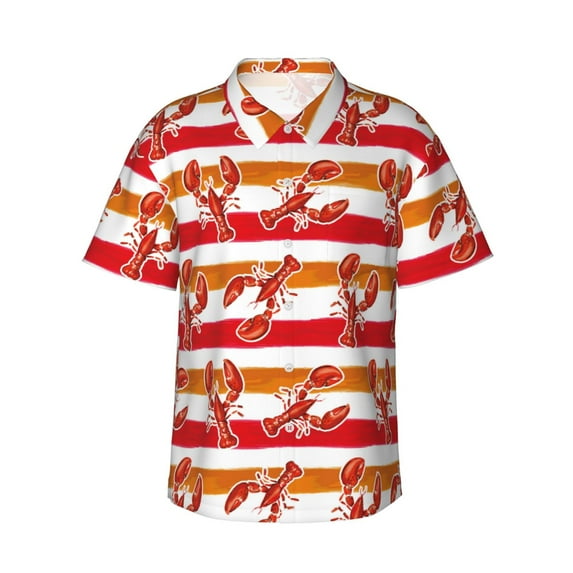Gukieu Red Lobster Print Men's Short-sleeved Shirts, Button-down Lapel Hawaiian Shirts, T-shirts, Beach Vacation Summer Casual Wear,Small