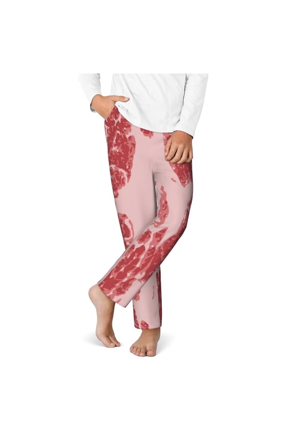 Red Meat Print Youth Home Trousers, Elastic Waistband with Pockets for Home and Outing, Suitable for Children Aged 5-16-XS(5-6)
