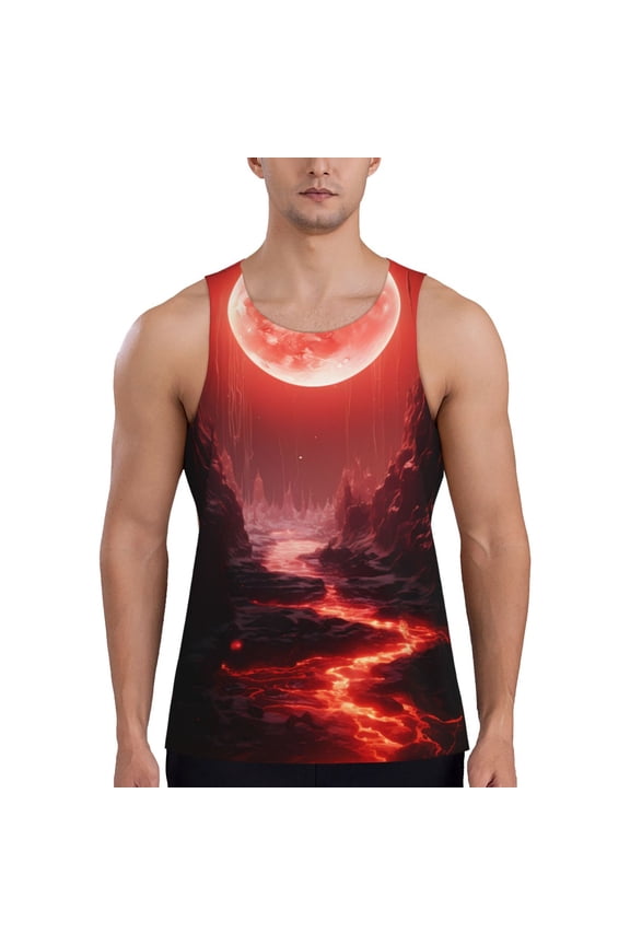 Red Moon Lava Print Men's Quick Dry Fitness Vest, Round Neck Sleeveless Fitness Bodybuilding Top-4X-Large