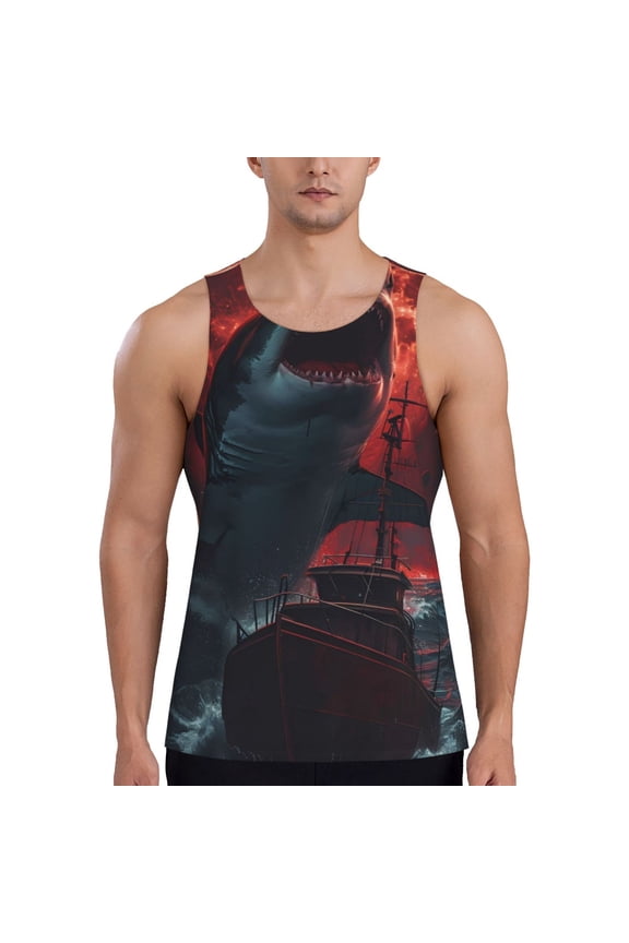 Red Moon Shark Sailboat Print Men's Quick Dry Fitness Vest, Round Neck Sleeveless Fitness Bodybuilding Top-Large