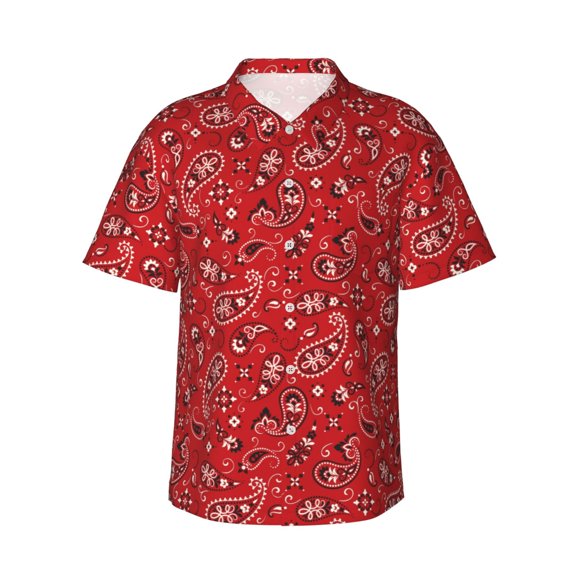 Gukieu Red Paisley Floral Print Men's Short-sleeved Shirts, Button-down Lapel Hawaiian Shirts, T-shirts, Beach Vacation Summer Casual Wear,Medium