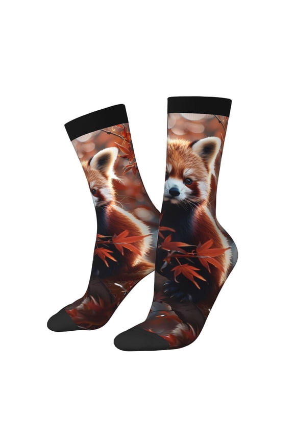 Red Panda Autumn Branches Print Contrast Color Mid-calf Socks, Sweat-wicking Athletic Socks, Unisex Clothing Accessories