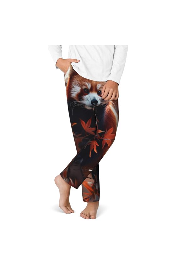 Red Panda Autumn Branches Print Youth Home Trousers, Elastic Waistband with Pockets for Home and Outing, Suitable for Children Aged 5-16-Large