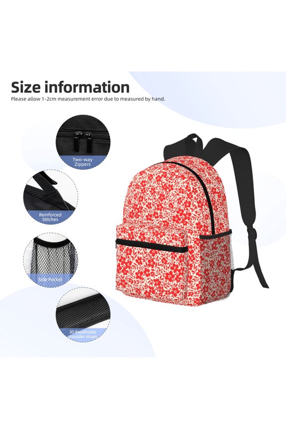 Red Pretty Flowers Print Backpack, Waterproof Backpack with Adjustable Shoulder Straps, Suitable for Campus, Business, Travel, Unisex