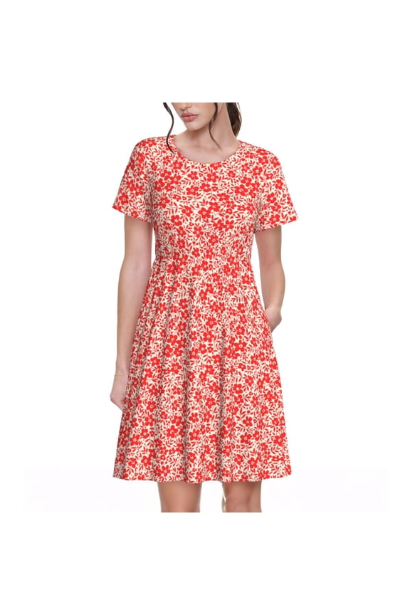 Red Pretty Flowers Print Women's Short Sleeve Dress, Elastic Waistband A-line with Pockets Summer Dress, Suitable for Daily Leisure, Work, Vacation