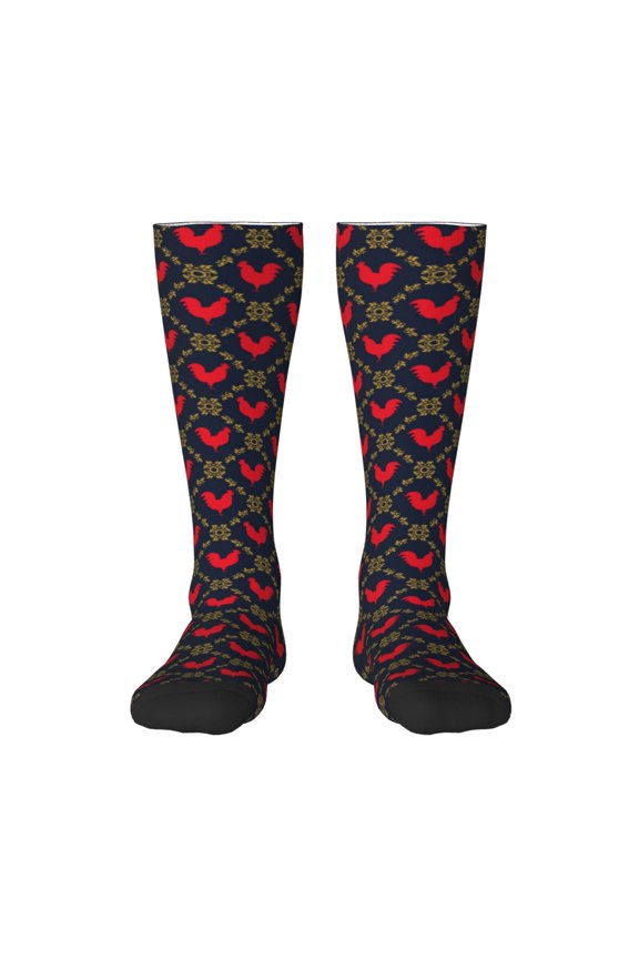 Red Rooster Print Contrast Color Stockings, Elastic Sports Socks Warm Socks Clothing Accessories, Adult Unisex