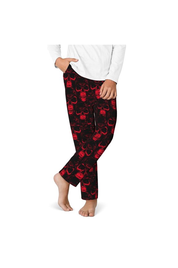 Red Skulls 2 Print Youth Home Trousers, Elastic Waistband with Pockets for Home and Outing, Suitable for Children Aged 5-16-Large