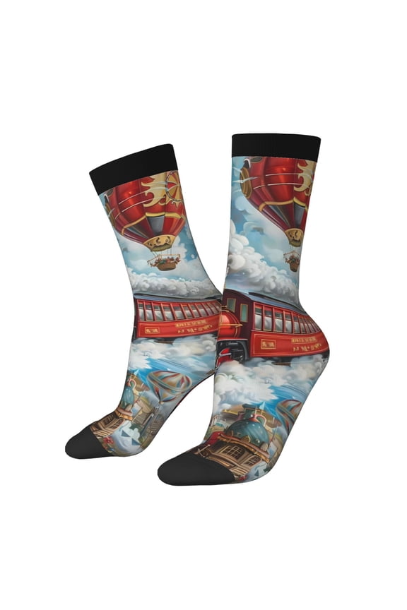Red Train Hot Air Balloon Print Contrast Color Mid-calf Socks, Sweat-wicking Athletic Socks, Unisex Clothing Accessories