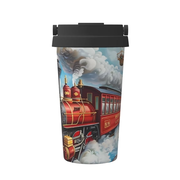 Gukieu Red Train Hot Air Balloon Print Insulated Coffee Cup, Portable Stainless Steel Vacuum Cup with Lid, Unisex, Suitable for Office, Cafe, Car