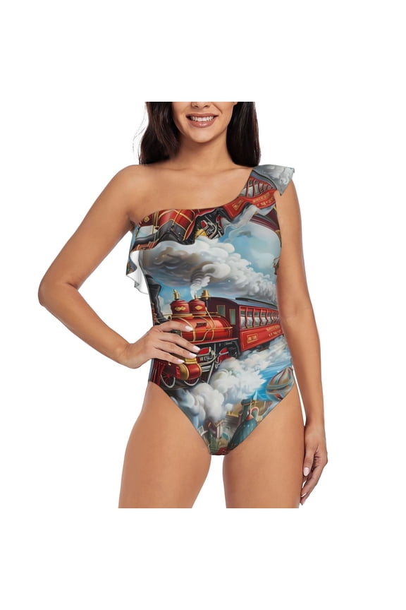 Red Train Hot Air Balloon Print One-shoulder Ruffled One-piece Swimsuit with Removable Chest Pads and Tummy-control Swimsuit for Women-Medium