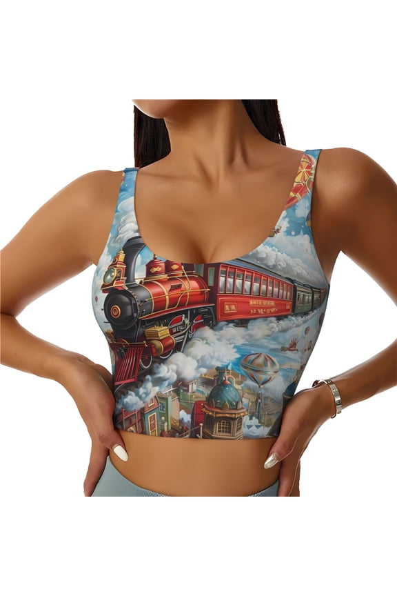Red Train Hot Air Balloon Print Women's Sports Vest, Low-neck U-shaped Removable Pad Sports Bra for Yoga, Exercise, Dance-XX-Large