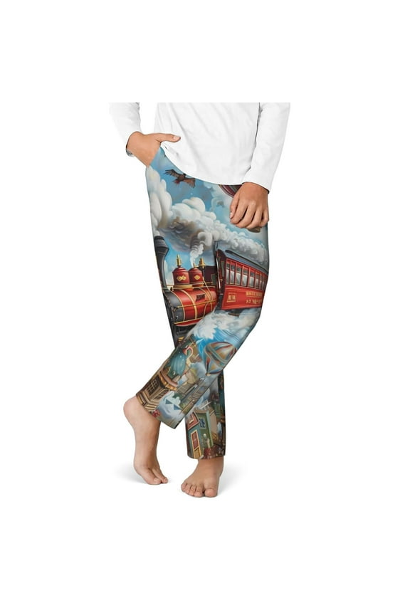 Red Train Hot Air Balloon Print Youth Home Trousers, Elastic Waistband with Pockets for Home and Outing, Suitable for Children Aged 5-16-XS(5-6)