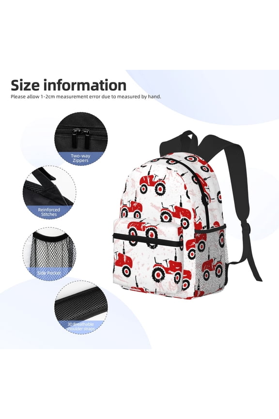 Red Wheeled Tractors Print Backpack, Waterproof Backpack with Adjustable Shoulder Straps, Suitable for Campus, Business, Travel, Unisex