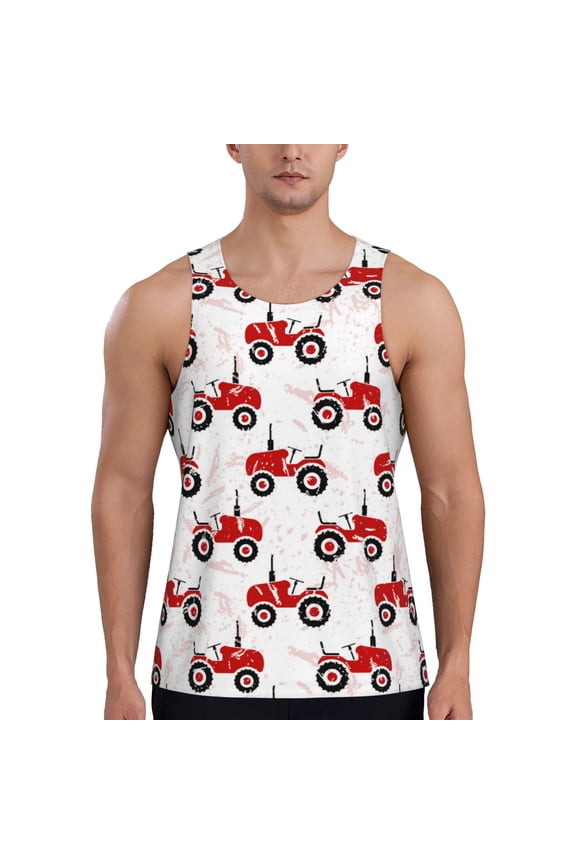Red Wheeled Tractors Print Men's Quick Dry Fitness Vest, Round Neck Sleeveless Fitness Bodybuilding Top-Large