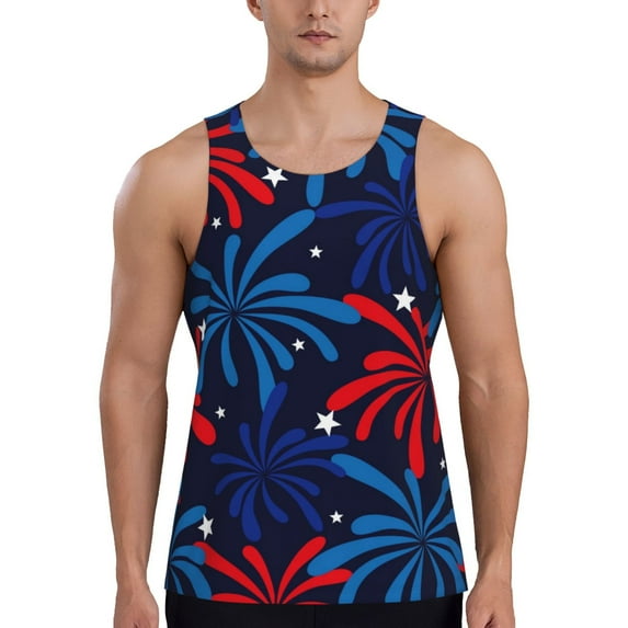 Gukieu Red White Blue Fireworks Print Men's Quick Dry Fitness Vest, Round Neck Sleeveless Fitness Bodybuilding Top-3X-Large